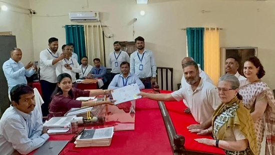 Rahul Gandhi was accompanied by Congress leaders Mallikarjun Kharge, Sonia Gandhi and Priyanka Gandhi Vadra as he filed his papers around 2 pm. Rahul Gandhi was accompanied by Congress leaders Mallikarjun Kharge, Sonia Gandhi and Priyanka Gandhi Vadra as he filed his papers around 2 pm.