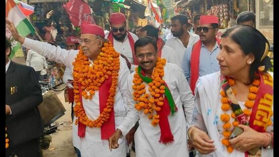 SP’s Ravidas Mehrotra out campaigning in Lucknow on Monday. (Sourced) SP’s Ravidas Mehrotra out campaigning in Lucknow on Monday. (Sourced)