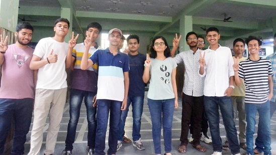 Students celebrate after ICSE and ISC results are declared at Lohia Nagar Mount Carmel School in Patna.(Santosh Kumar/HT Photographer )