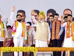 Prime Minister Narendra Modi with Maharashtra Chief Minister Eknath Shinde, Deputy Chief Minister Devendra Fadnavis and others in Kolhapur. (PTI) Prime Minister Narendra Modi with Maharashtra Chief Minister Eknath Shinde, Deputy Chief Minister Devendra Fadnavis and others in Kolhapur. (PTI)