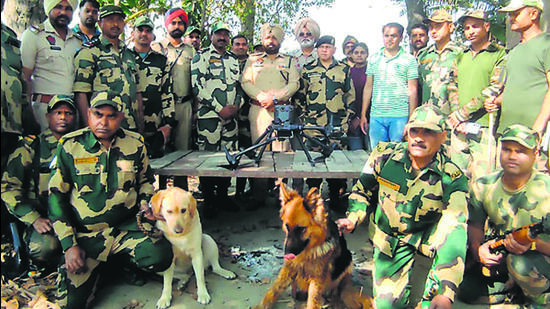 Sultan (labrador, left) is part of the BSF in Punjab and alerts the force about drones that usually carry cash or contraband. (HT PHOTO) Sultan (labrador, left) is part of the BSF in Punjab and alerts the force about drones that usually carry cash or contraband. (HT PHOTO)