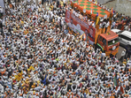 Solapur: Supporters of BJP candidates from Solapur constituency Ram Satpute and Madha constituency Ranjeetsingh H. Naik Nimbalkar during their campaign rally before they file nomination for Lok Sabha elections, in Solapur, Maharashtra, Tuesday, April 16, 2024. (PTI Photo)(PTI04_16_2024_000123A)(PTI) Solapur: Supporters of BJP candidates from Solapur constituency Ram Satpute and Madha constituency Ranjeetsingh H. Naik Nimbalkar during their campaign rally before they file nomination for Lok Sabha elections, in Solapur, Maharashtra, Tuesday, April 16, 2024. (PTI Photo)(PTI04_16_2024_000123A)(PTI)