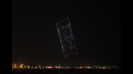 A drone show is being displayed at Dashashwamedh Ghat, in Varanasi on Sunday. (Rahul Singh/ANI) A drone show is being displayed at Dashashwamedh Ghat, in Varanasi on Sunday. (Rahul Singh/ANI)