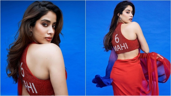 With the help of makeup artist Riviera Lynn, Janhvi got decked up in nude eyeshadow, mascara-coated lashes, darkened brows, smughed kajal, blushed cheeks, glowing highlighter and a shade of glossy nude lipstick.(Instagram/@janhvikapoor)