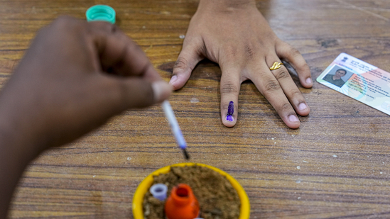 Tirupati: A woman gets her finger inked after casting her vote at a polling station during the fourth phase of Lok Sabha elections and Andhra Pradesh Assembly elections . (PTI Photo/R Senthilkumar) Tirupati: A woman gets her finger inked after casting her vote at a polling station during the fourth phase of Lok Sabha elections and Andhra Pradesh Assembly elections . (PTI Photo/R Senthilkumar)