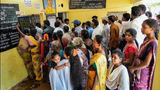 Voters stand in a queue at a polling station to cast their votes for the fourth phase of Lok Sabha elections and Andhra Pradesh Assembly elections in Tirupati on Monday. (PTI) Voters stand in a queue at a polling station to cast their votes for the fourth phase of Lok Sabha elections and Andhra Pradesh Assembly elections in Tirupati on Monday. (PTI)