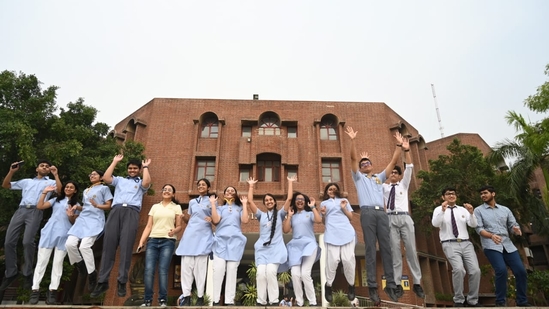 Students celebrate their results in the CBSE Class 12 board exam, at Amity international School at Sector 44(photo by Sunil Ghosh)