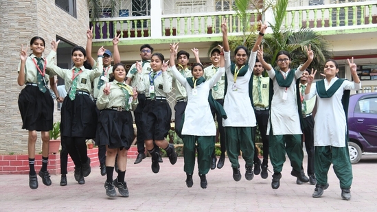 Students of St. Dominic Savio's High school in Patna celebrating after declaration of CBSE Board class 10th and 12th results (Santosh Kumar )