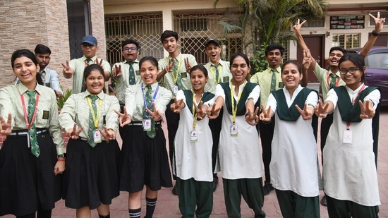 Students of St. Dominic Savio's High school in Patna celebrating after declaration of CBSE Board class 10th and 12th results (Santosh Kumar )