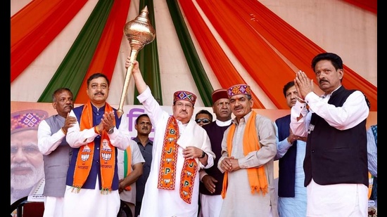 BJP national president JP Nadda addressing the gathering during public rally at Kangra on Saturday. (HT Photo) BJP national president JP Nadda addressing the gathering during public rally at Kangra on Saturday. (HT Photo)