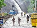 Tenkasi: Tamil Nadu Fire and Rescue Services personnel at the spot after heavy rain triggered flash floods at Old Courtallam waterfall, in Tenkasi district. A teenage boy was washed away in the flash floods. Nilgiris district advises tourists to postpone trips amid heavy rain forecast, flash floods in Tenkasi (PTI Photo) Tenkasi: Tamil Nadu Fire and Rescue Services personnel at the spot after heavy rain triggered flash floods at Old Courtallam waterfall, in Tenkasi district. A teenage boy was washed away in the flash floods. Nilgiris district advises tourists to postpone trips amid heavy rain forecast, flash floods in Tenkasi (PTI Photo)