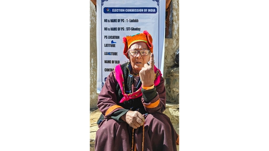 A woman shows her ink-marked finger in Union Territory of Ladakh.(PTI)