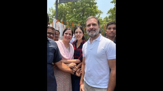Congress leader Rahul Gandhi getting a selfie clicked with voters in Rae Bareli on Monday. (HT Photo) Congress leader Rahul Gandhi getting a selfie clicked with voters in Rae Bareli on Monday. (HT Photo)