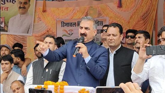 Himachal CM Sukhvinder Singh Sukhu addressing crowds at a campaign rally in Churah, Chamba. (Aqil Khan/HT) Himachal CM Sukhvinder Singh Sukhu addressing crowds at a campaign rally in Churah, Chamba. (Aqil Khan/HT)