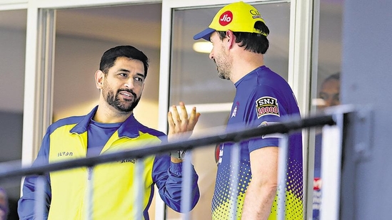 MS Dhoni of Chennai Super Kings with head coach Stephen Fleming.(Sportzpics for BCCI)