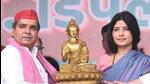 Samajwadi Party candidate Dharmendra Yadav and the party’s Mainpuri MP Dimple Yadav at a public meeting in Azamgarh. (SOURCED ) Samajwadi Party candidate Dharmendra Yadav and the party’s Mainpuri MP Dimple Yadav at a public meeting in Azamgarh. (SOURCED )