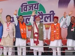 In the morning, PM Narendra Modi addressed the BJP's Vijay Sankalp rally at Chaugan Ground in Nahan, the district headquarters of Sirmaur, in support of BJP candidate Suresh Kashyap.(PTI) In the morning, PM Narendra Modi addressed the BJP's Vijay Sankalp rally at Chaugan Ground in Nahan, the district headquarters of Sirmaur, in support of BJP candidate Suresh Kashyap.(PTI)