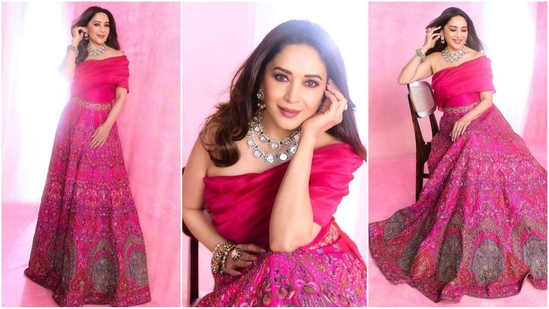 Madhuri Dixit is the queen of ethnic fashion, and if you don't believe us, head over to her Insta-diaries full of stunning traditional looks. Whether it's a sartorial saree or an ethereal anarkali, the diva can pull off any look to perfection. She is definitely one of those actresses who seem to age in reverse. Madhuri is currently judging the reality show Dance Dewaane and her stunning looks from the show are doing rounds on social media. Just a few days ago, she stunned in an embellished purple ensemble and this time she proves her fashion savvy in a mesmerising pink lehenga attire.(Instagram/@madhuridixitnene)