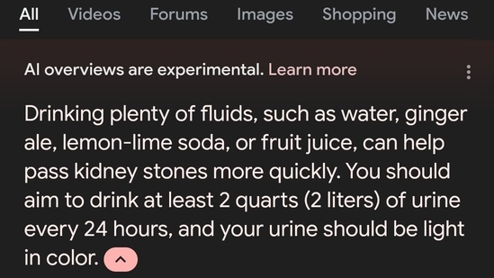 Users pointed out on social media that Google was still recommending drinking of urine as an effective method for quickly passing kidney stones. Users pointed out on social media that Google was still recommending drinking of urine as an effective method for quickly passing kidney stones.
