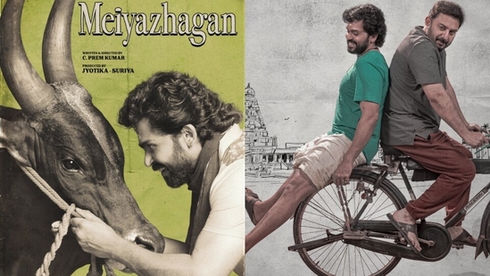 Karthi and Arvind Swamy in posters of Meiyazhagan. Karthi and Arvind Swamy in posters of Meiyazhagan.