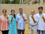Delhi Chief Minister Arvind Kejriwal, along with his family members, including his wife Sunita Kejriwal, cast their ballots at a polling booth in the Civil Lines area of the Chandni Chowk Lok Sabha constituency in New Delhi on Saturday.(PTI) Delhi Chief Minister Arvind Kejriwal, along with his family members, including his wife Sunita Kejriwal, cast their ballots at a polling booth in the Civil Lines area of the Chandni Chowk Lok Sabha constituency in New Delhi on Saturday.(PTI)