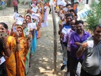 Voters standing in a queue to cast their vote at a polling station during Lok Sabha election. (HT Photo) Voters standing in a queue to cast their vote at a polling station during Lok Sabha election. (HT Photo)