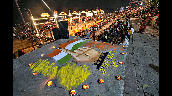 A voting awareness message displayed at Assi Ghat during the Lok Sabha elections, Varanasi, Friday, May 31 (PTI) A voting awareness message displayed at Assi Ghat during the Lok Sabha elections, Varanasi, Friday, May 31 (PTI)