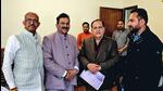 The three Independent MLAs with speaker Kuldeep Singh Pathania on March 22. (ANI) The three Independent MLAs with speaker Kuldeep Singh Pathania on March 22. (ANI)