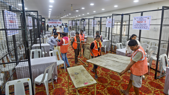 Preparations underway for the counting of Lok Sabha elections, in Hyderabad, Monday.(PTI) Preparations underway for the counting of Lok Sabha elections, in Hyderabad, Monday.(PTI)