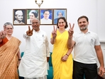 Congress Parliamentary Party (CPP) chairperson Sonia Gandhi, Congress president Mallikarjun Kharge, party general secretary Priyanka Gandhi Vadra and party leader Rahul Gandhi show victory signs while posing for a picture after the Lok Sabha election trends and results, in New Delhi on Tuesday. (ANI Photo) Congress Parliamentary Party (CPP) chairperson Sonia Gandhi, Congress president Mallikarjun Kharge, party general secretary Priyanka Gandhi Vadra and party leader Rahul Gandhi show victory signs while posing for a picture after the Lok Sabha election trends and results, in New Delhi on Tuesday. (ANI Photo)