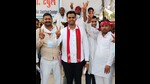 Pushpendra Saroj flashing the victory sign after his win in Kaushambi on Tuesday. (HT Photo) Pushpendra Saroj flashing the victory sign after his win in Kaushambi on Tuesday. (HT Photo)
