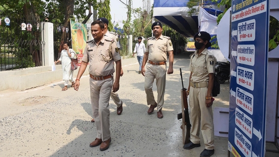 Patna, Bihar, India -June .03, 2024: Police personnel guards outside of strong room where Electronic Voting Machines (EVMs) kept for tomorrow vote counting of Lok Sabha election at A.N. College in Patna, Bihar, India, Monday,03, 2024. (Photo by Santosh Kumar/ Hindustan Times)