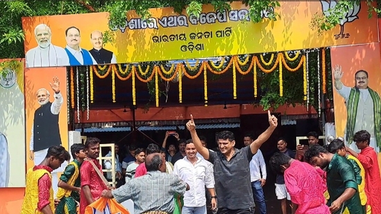 Celebrations at BJP Odisha office after winning the state Assembly elections on Tuesday.(HT Photo)