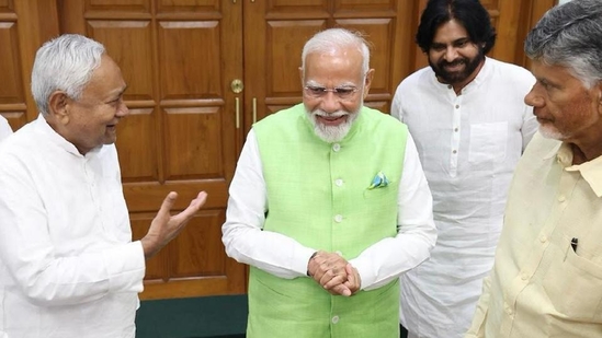 Prime Minister Narendra Modi with key allies TDP chief N Chandrababu Naidu, JD(U) chief Nitish Kumar and Janasena chief Pawan Kalyan during NDA meeting at PM's residence. (PTI) Prime Minister Narendra Modi with key allies TDP chief N Chandrababu Naidu, JD(U) chief Nitish Kumar and Janasena chief Pawan Kalyan during NDA meeting at PM's residence. (PTI)
