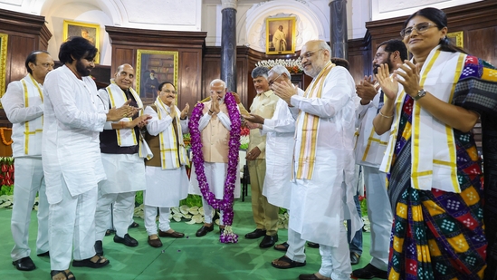 Prime Minister Narendra Modi after he was elected as the leader of the NDA Parliamentary Party, at Samvidhan Sadan, in New Delhi, Friday(PTI)