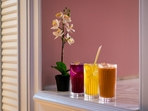 L to R: Blue butterfly pea iced tea, lemongrass iced tea and Thai iced tea L to R: Blue butterfly pea iced tea, lemongrass iced tea and Thai iced tea