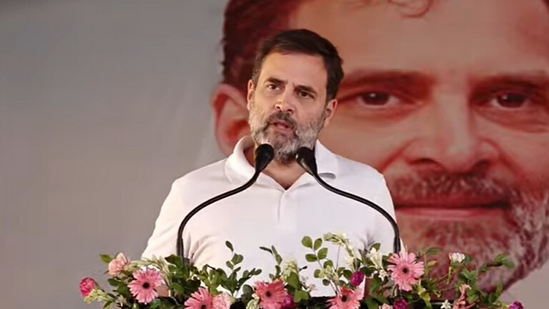 Congress leader Rahul Gandhi addressing party workers in Rae Bareli.