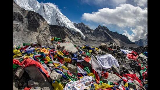 A file photo from 2018 shows some of the prayer flags and celebratory messages left behind at Base Camp. (Adobe Stock) A file photo from 2018 shows some of the prayer flags and celebratory messages left behind at Base Camp. (Adobe Stock)