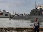 Russian Marines standing on top of the Russian nuclear-powered submarine Kazan (R), part of the Russian naval detachment visiting Cuba. (Photo by YAMIL LAGE / AFP)(AFP) Russian Marines standing on top of the Russian nuclear-powered submarine Kazan (R), part of the Russian naval detachment visiting Cuba. (Photo by YAMIL LAGE / AFP)(AFP)