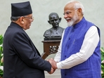 New Delhi, Jun 10 (ANI): Prime Minister Narendra Modi meets Nepal PM Pushpa Kamal Dahal 'Prachanda' after his oath-taking ceremony, at Rashtrapati Bhavan, in New Delhi on Sunday. (ANI Photo)(ANI) New Delhi, Jun 10 (ANI): Prime Minister Narendra Modi meets Nepal PM Pushpa Kamal Dahal 'Prachanda' after his oath-taking ceremony, at Rashtrapati Bhavan, in New Delhi on Sunday. (ANI Photo)(ANI)