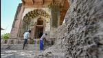 A view of ASI workers doing restoration work at Sheesh Mahal on Friday. (Raj K Raj/HT) A view of ASI workers doing restoration work at Sheesh Mahal on Friday. (Raj K Raj/HT)