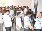 Candidates wait to complete the frisking procedure before entering the exam hall to appear for UGC NET Exam 2024 in Patna.(Santosh Kumar) Candidates wait to complete the frisking procedure before entering the exam hall to appear for UGC NET Exam 2024 in Patna.(Santosh Kumar)
