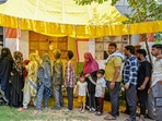 New Delhi, India - May 25, 2024: Voters seen waiting their turn under a makeshift canopy on a hot day at a polling station during the Sixth phase of voting for General Lok Sabha elections , at MC School 64 khamba near Maharaja Ranjeet Singh marg in New Delhi, India, on Saturday, May 25, 2024. (Photo by Raj K Raj/ Hindustan Times)(Hindustan Times) New Delhi, India - May 25, 2024: Voters seen waiting their turn under a makeshift canopy on a hot day at a polling station during the Sixth phase of voting for General Lok Sabha elections , at MC School 64 khamba near Maharaja Ranjeet Singh marg in New Delhi, India, on Saturday, May 25, 2024. (Photo by Raj K Raj/ Hindustan Times)(Hindustan Times)
