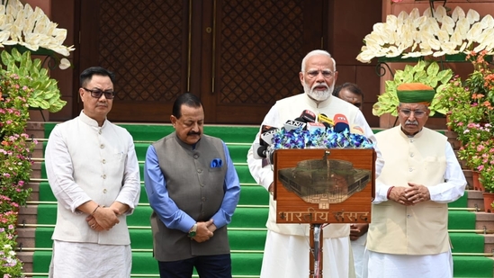 Prime Minister Narendra Modi addresses the media before the beginning of the first session of the 18th Lok Sabha.(Arvind Yadav/HT)