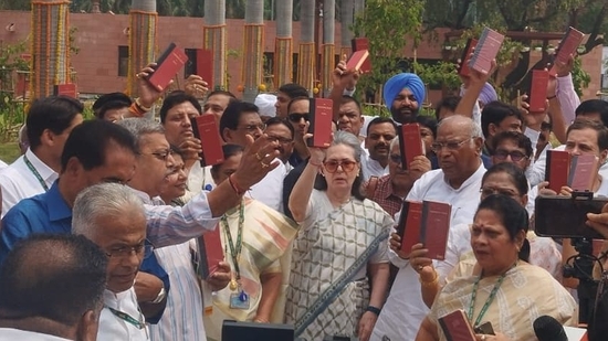 Amid the controversy over the appointment of the pro-tem speaker, several leaders of the Opposition INDIA bloc staged a protest in front of the Gandhi statue in the Parliament, holding copies of the Constitution.(HT Photo) Amid the controversy over the appointment of the pro-tem speaker, several leaders of the Opposition INDIA bloc staged a protest in front of the Gandhi statue in the Parliament, holding copies of the Constitution.(HT Photo)