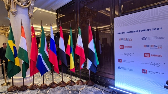 The BRICS (Brazil, Russia, India, China, South Africa) flags on display from the BRICS tourism forum held on June 21 in Moscow(Sukanya Saha) The BRICS (Brazil, Russia, India, China, South Africa) flags on display from the BRICS tourism forum held on June 21 in Moscow(Sukanya Saha)