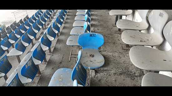 Broken seats at the Green Park stadium in Kanpur (HT Photo) Broken seats at the Green Park stadium in Kanpur (HT Photo)
