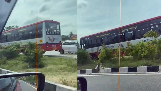 State-run bus spotted travelling on the wrong side on Bengaluru Mysuru Expressway State-run bus spotted travelling on the wrong side on Bengaluru Mysuru Expressway