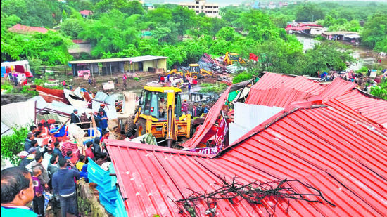 The demolition drive faced opposition from the locals as they alleged notices were not served before the demolition drive. (HT PHOTO) The demolition drive faced opposition from the locals as they alleged notices were not served before the demolition drive. (HT PHOTO)