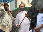 Shiv Sena-UBT chief Uddhav Thackeray led the protest at Shiv Sena Bhavan in Dadar.(Raju Shinde) Shiv Sena-UBT chief Uddhav Thackeray led the protest at Shiv Sena Bhavan in Dadar.(Raju Shinde)